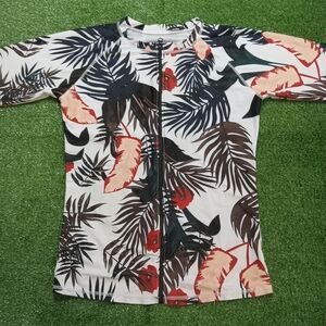 Womens Floral Satin Zip Up Long Sleeve Shirt Size Medium